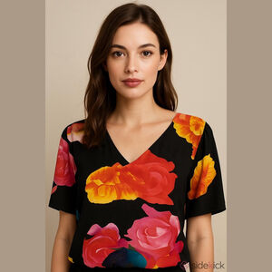 Babaton Randy Black Red Orange Floral V-Neck Blouse Size L